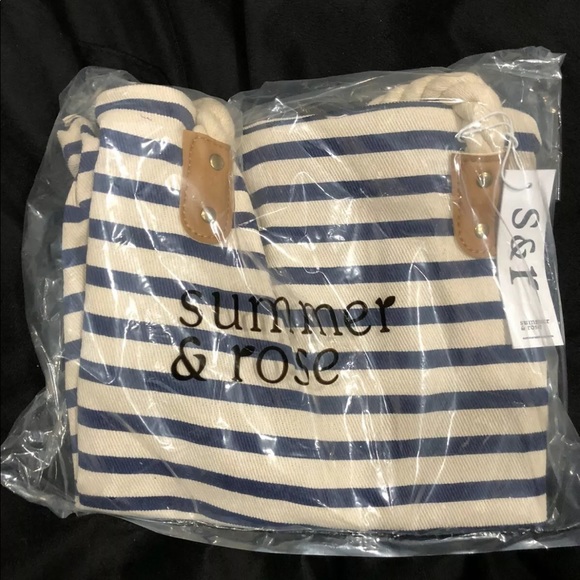 Summer and Rose Striped Tote Beach Bag Dark Navy Stripes Rope $58 - Picture 1 of 8